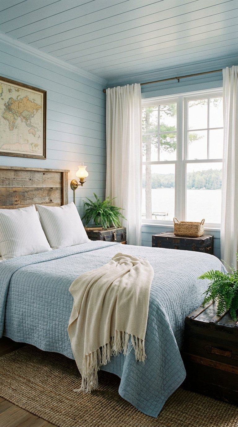 Chambre bleu ciel avec murs et plafond lambrissés, lit en bois et vue sur un lac