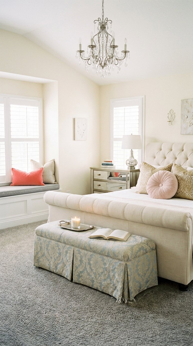 Chambre lumineuse aux murs ivoire avec lit capitonné, coussins pastel et lustre
