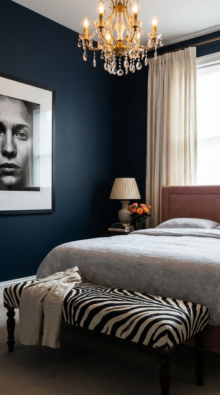 Chambre bleu marine avec tête de lit vieux rose, lustre doré et banc zébré