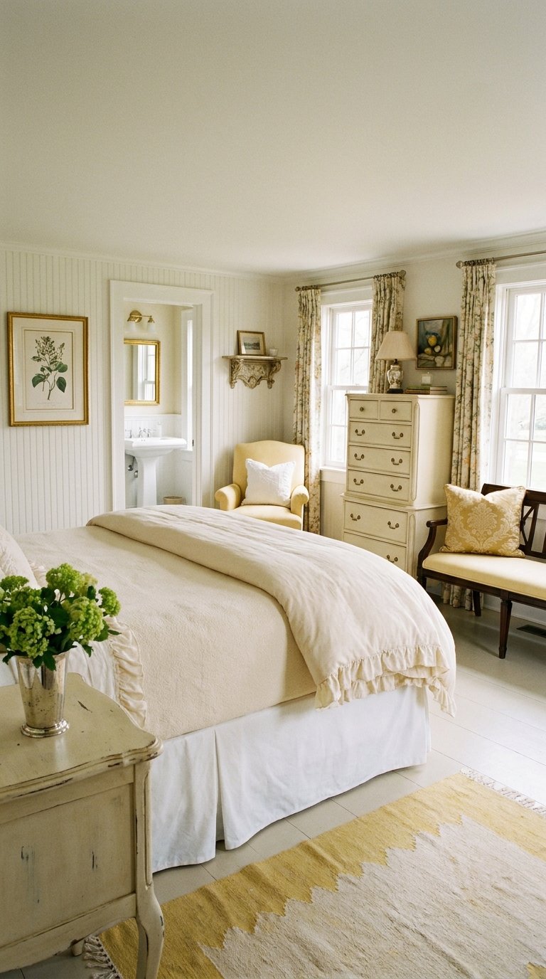 Chambre campagne aux murs crème lambrissés avec mobilier patiné et textiles jaune pâle