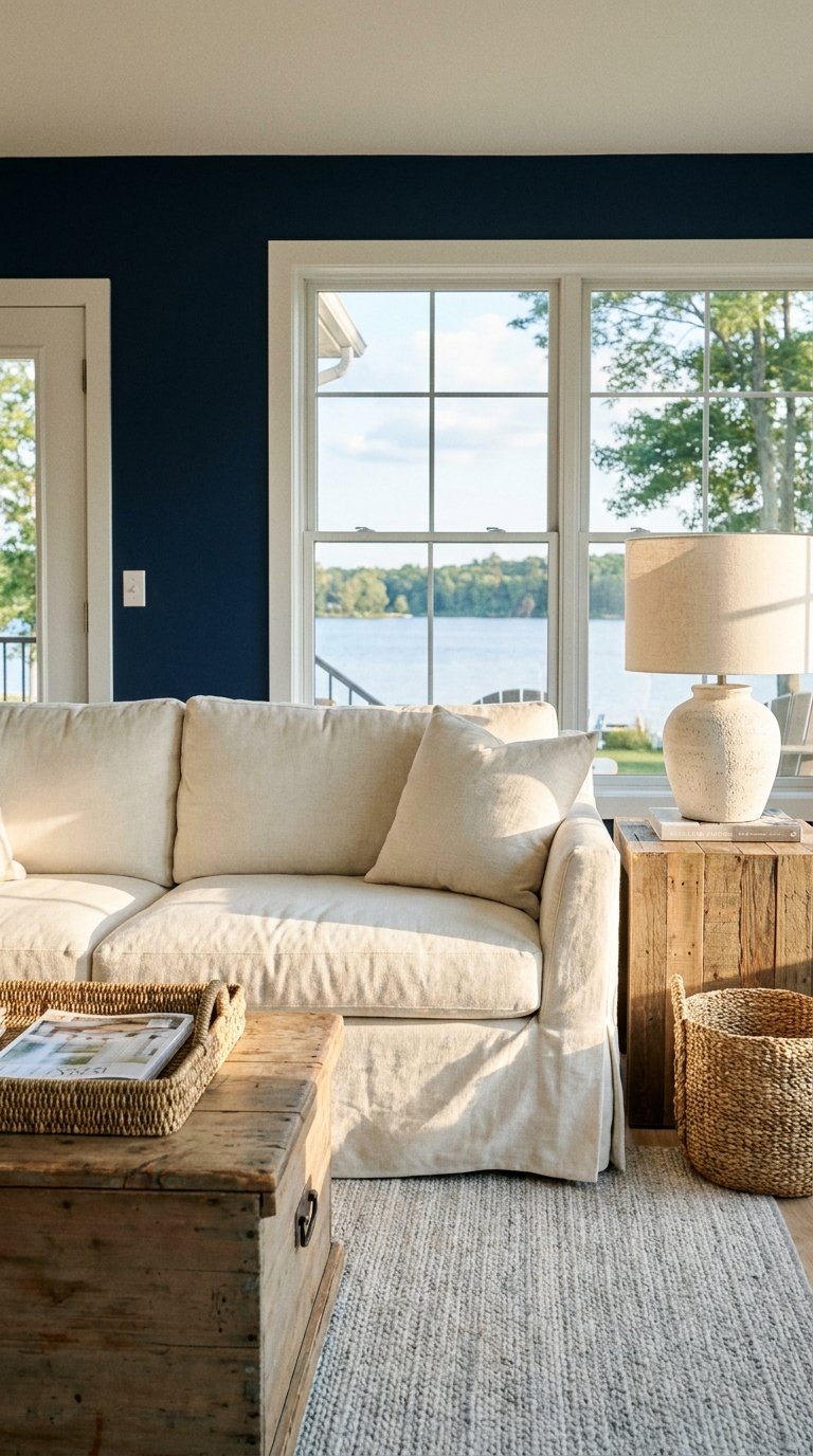 Salon lumineux avec mur bleu nuit, canapé écru et mobilier en bois brut