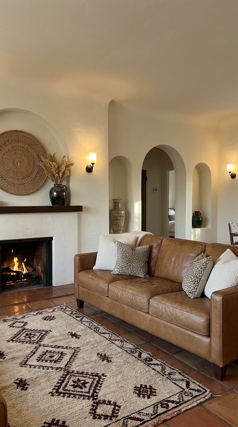 Salon aux murs crème avec arches, cheminée et canapé en cuir brun