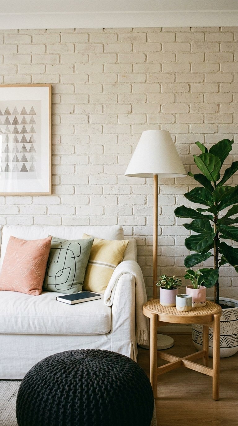 Petit salon avec mur de briques blanc cassé, canapé clair et grand ficus
