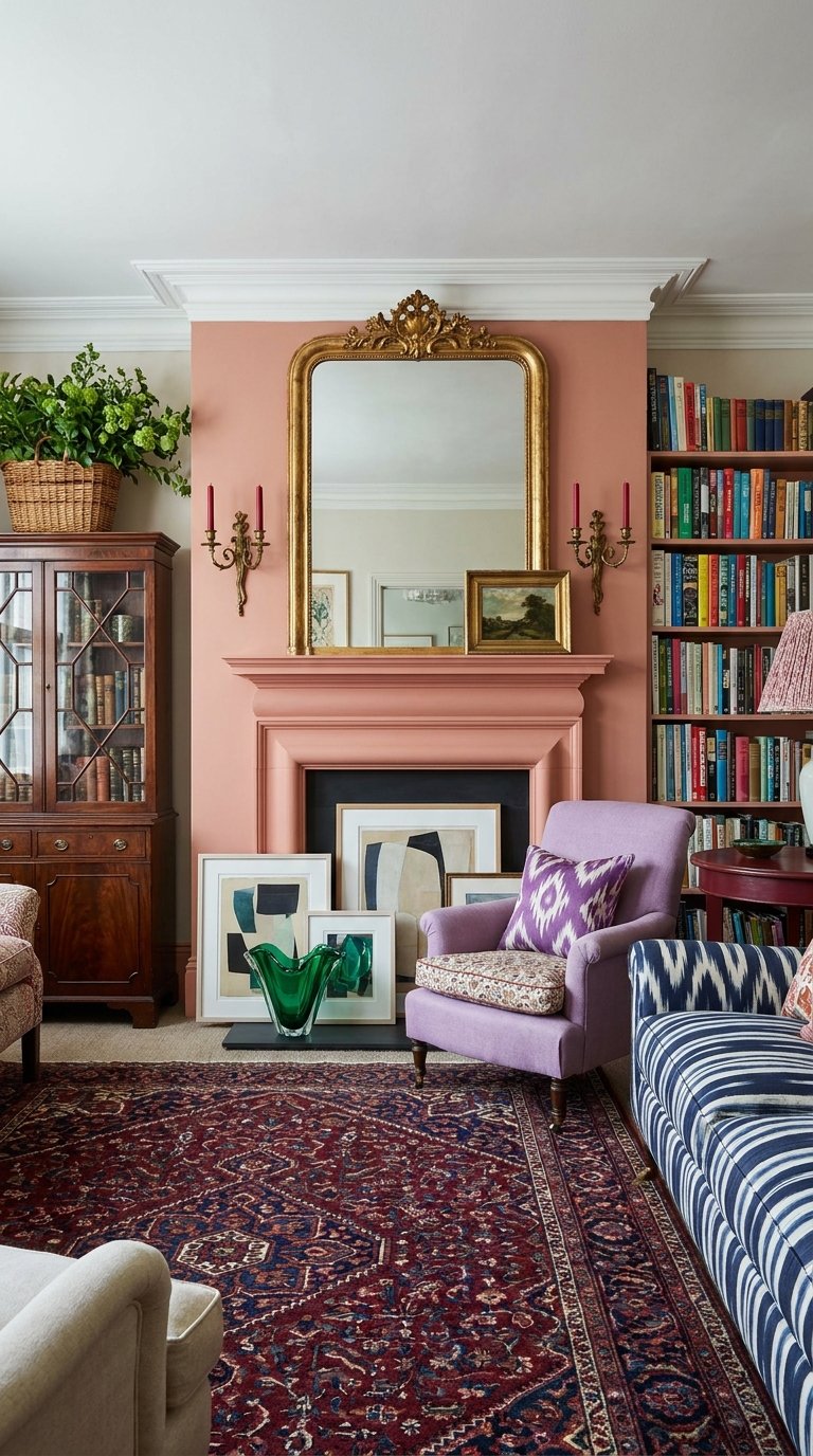 Salon classique avec cheminée rose poudré, miroir doré et fauteuil lilas