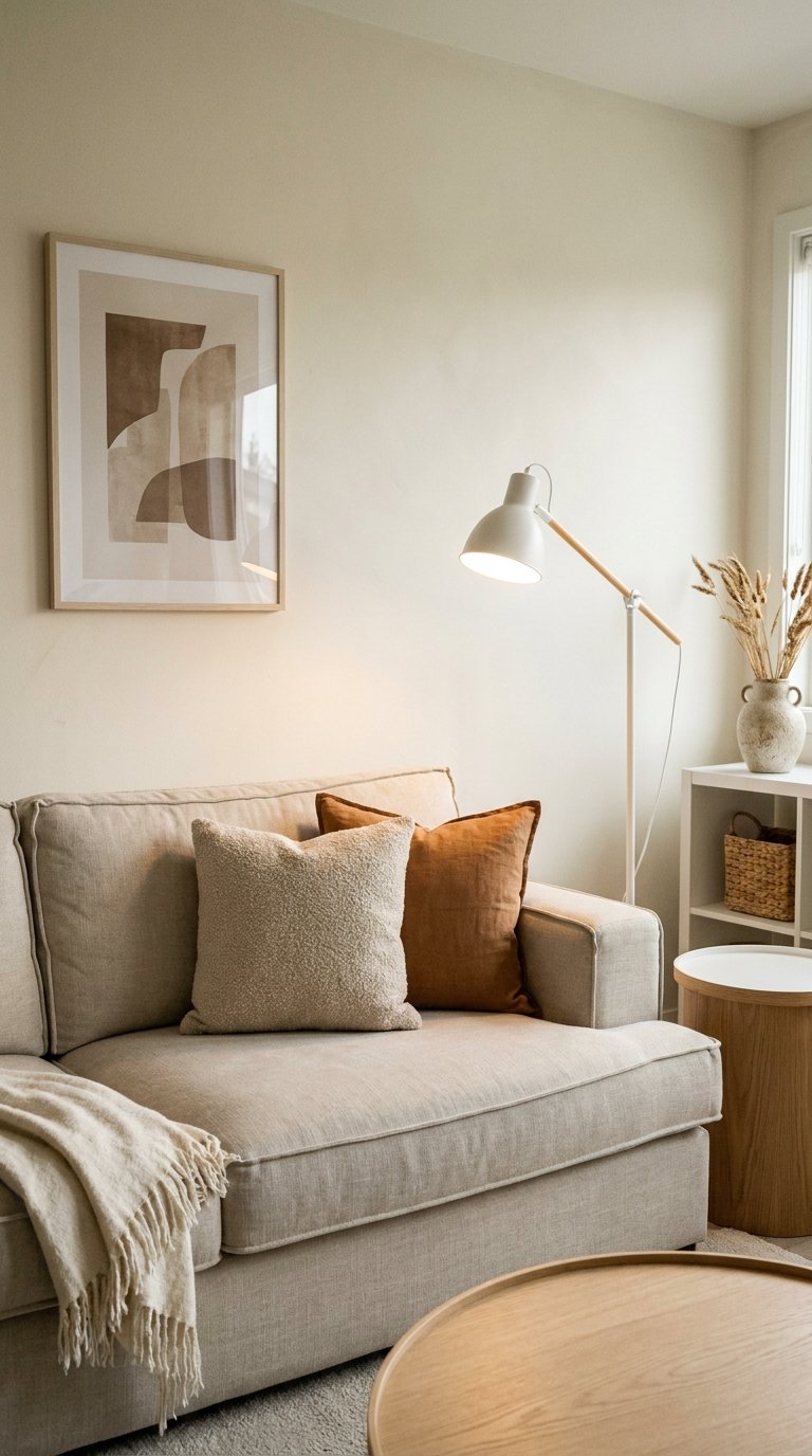 Petit salon beige clair avec canapé écru, coussins bruns et mobilier en bois