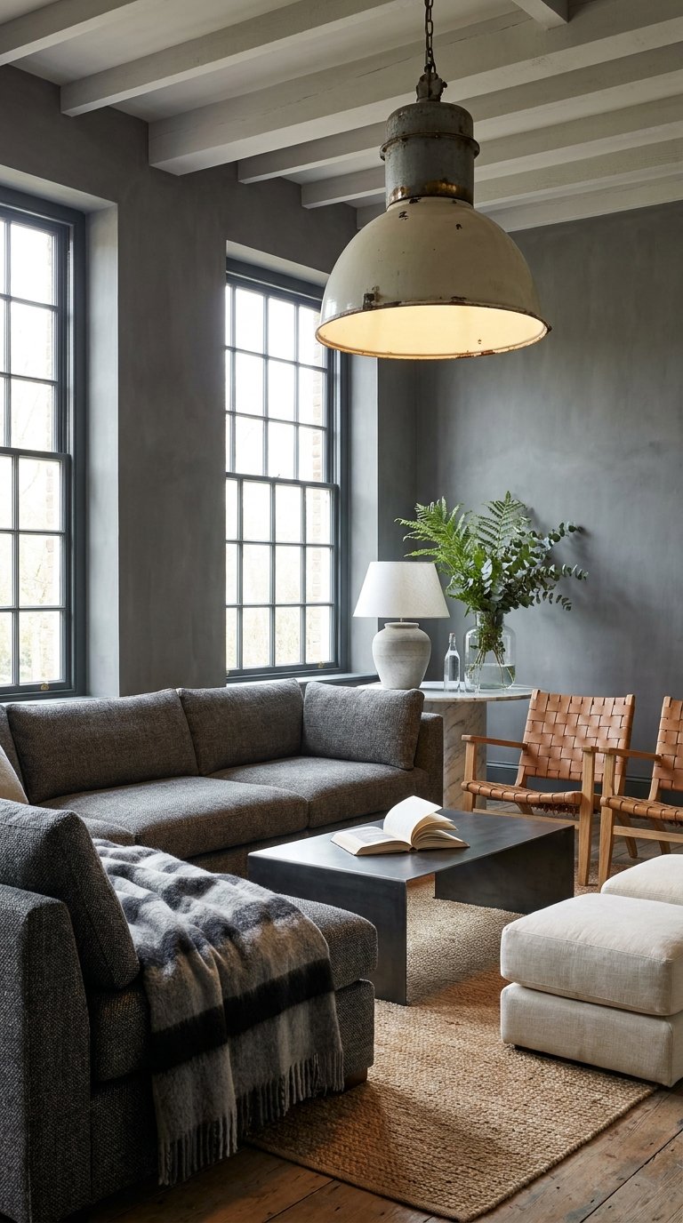 Salon industriel gris foncé avec canapé anthracite et fauteuils en cuir tressé