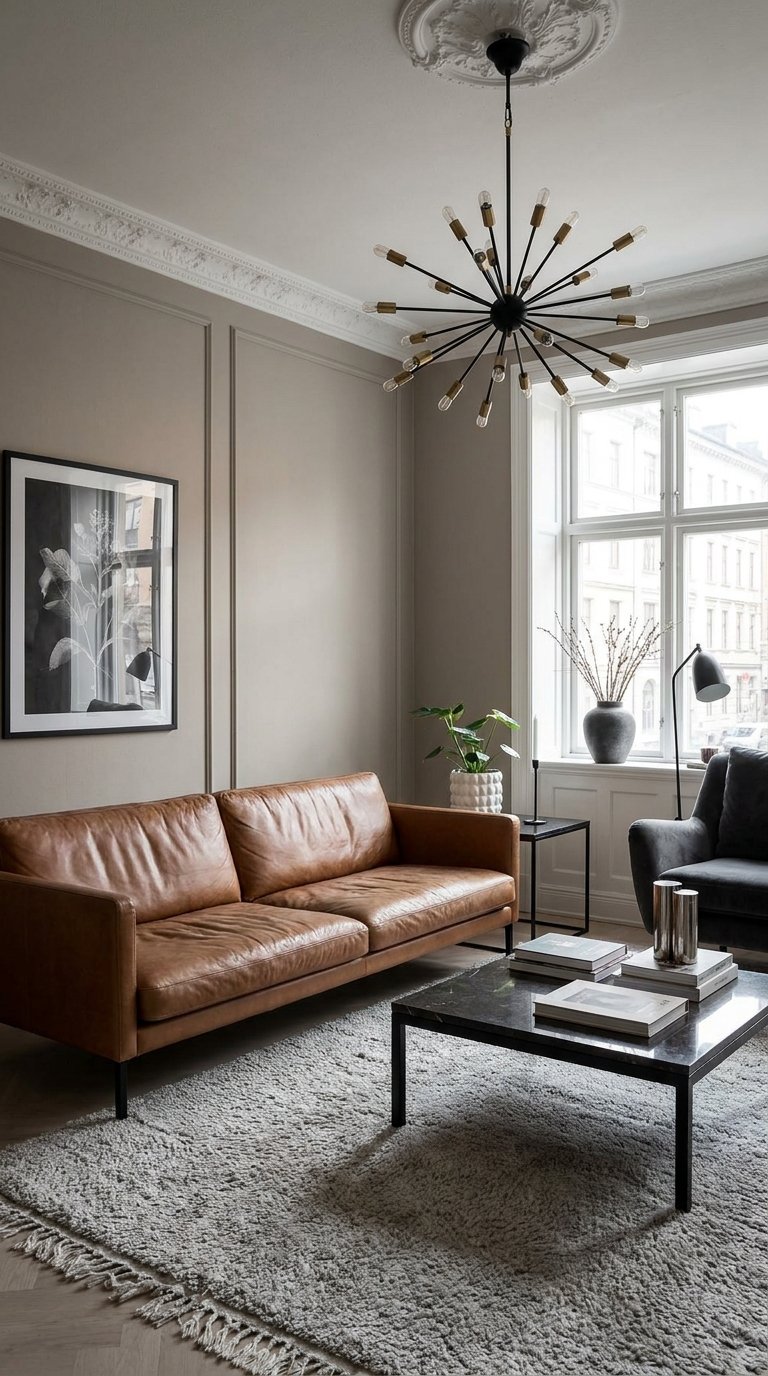 Salon haussmannien taupe avec moulures, canapé en cuir brun et lustre graphique