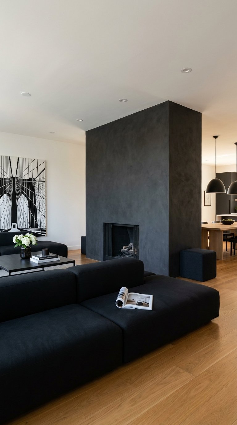 Salon contemporain noir et blanc avec cheminée centrale gris graphite