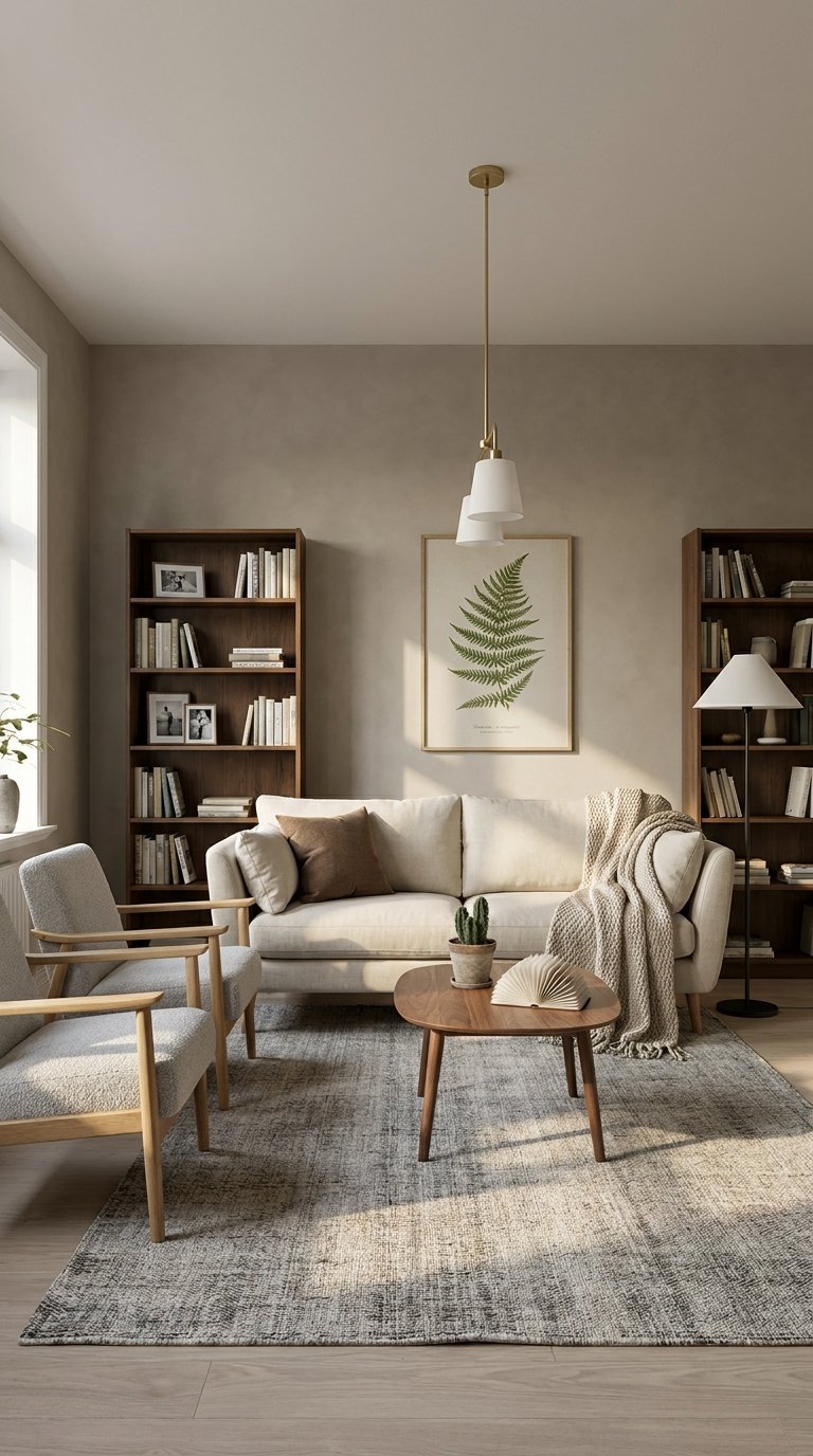 Salon scandinave avec mur gris grège, canapé blanc et bibliothèques en bois foncé