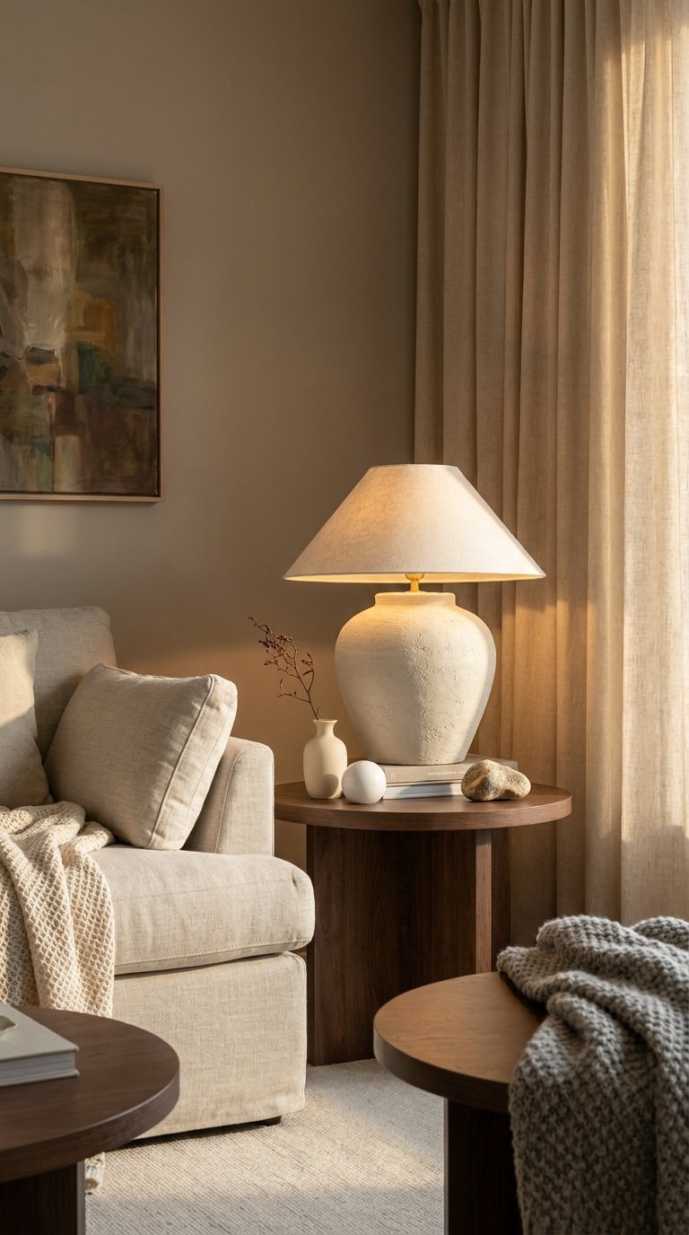 Coin de salon brun taupe avec canapé beige, rideaux en lin et lampe en céramique