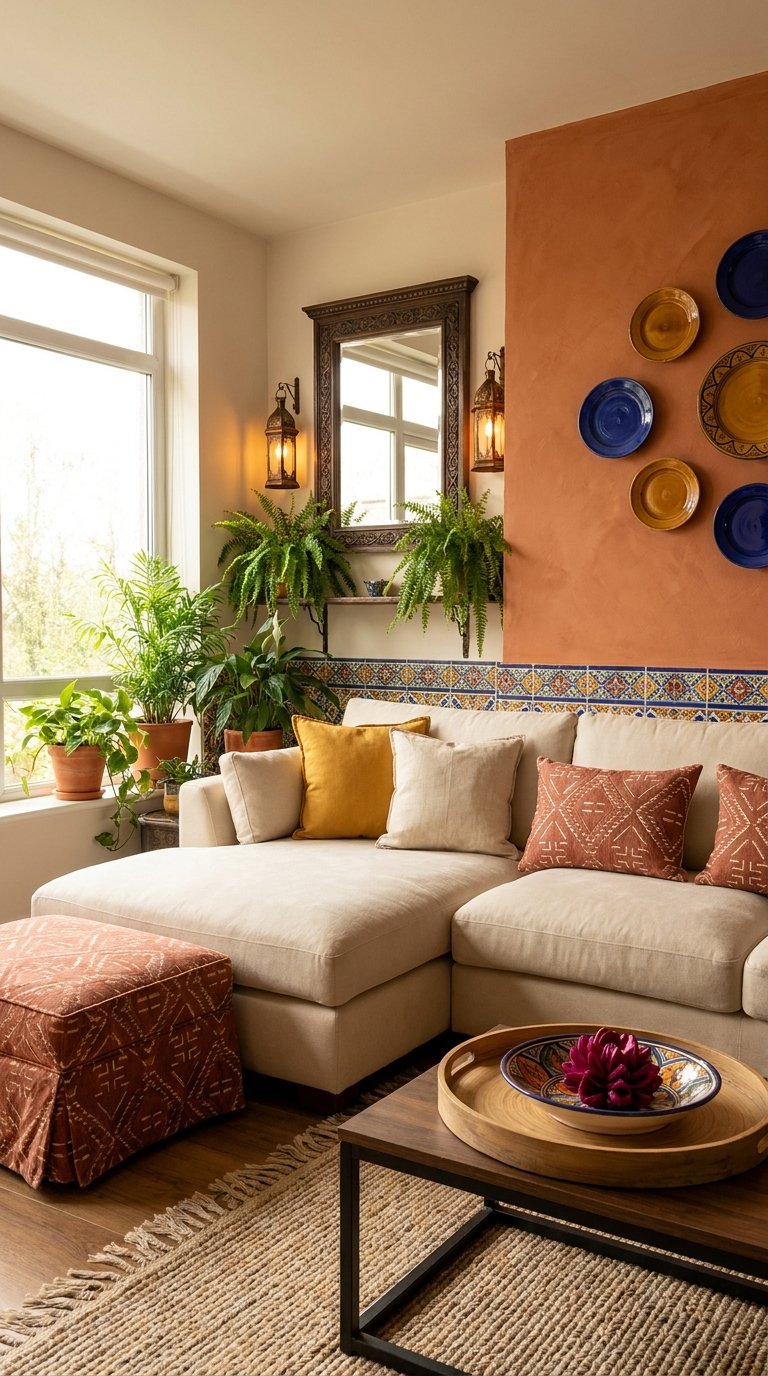 Salon d’inspiration marocaine avec mur terracotta, assise beige et plantes vertes