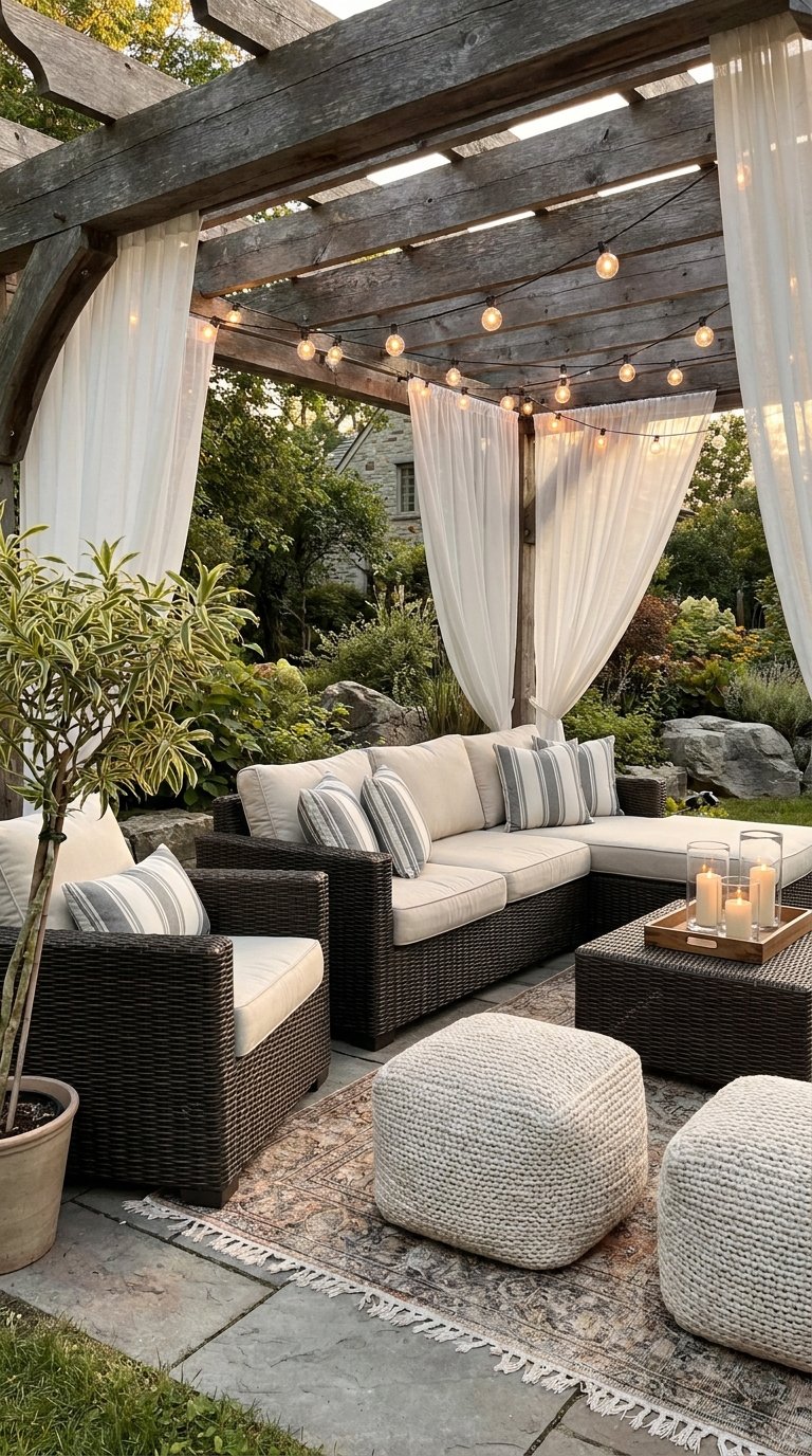 Salon de jardin en résine sous une pergola en bois avec voilages et guirlandes