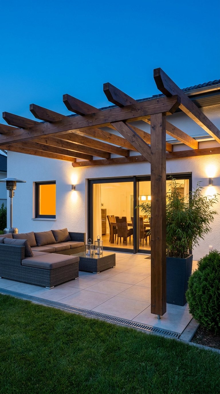Pergola en bois adossée à une maison devant un salon extérieur