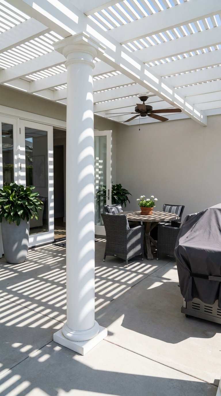 Pergola blanche à colonnes abritant une table et un barbecue