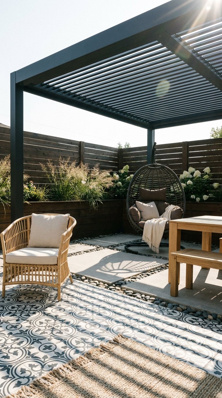 Pergola noire à lames orientables au-dessus d’une terrasse fleurie