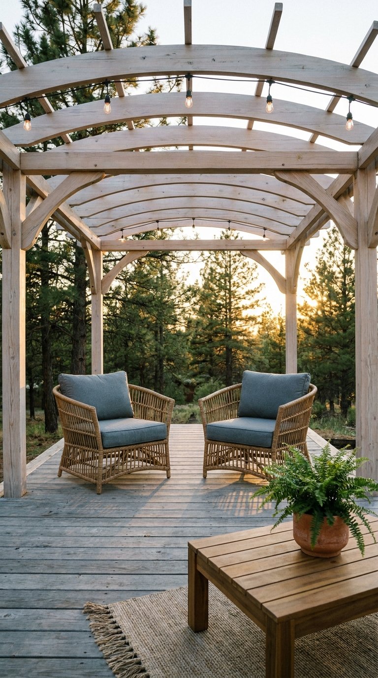 Pergola en bois clair aux traverses courbes face à une forêt