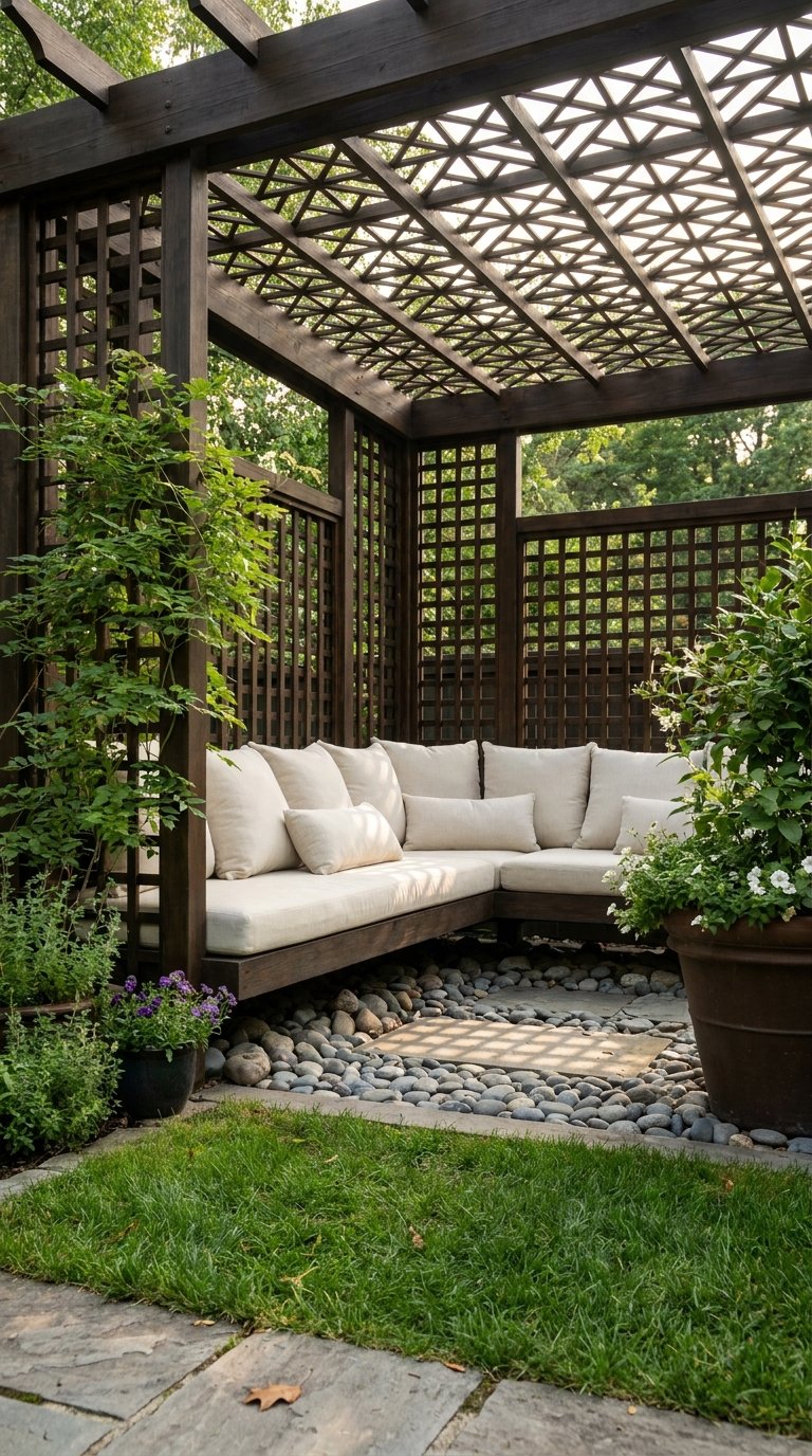 Pergola sombre avec treillis, banquette blanche et plantes grimpantes