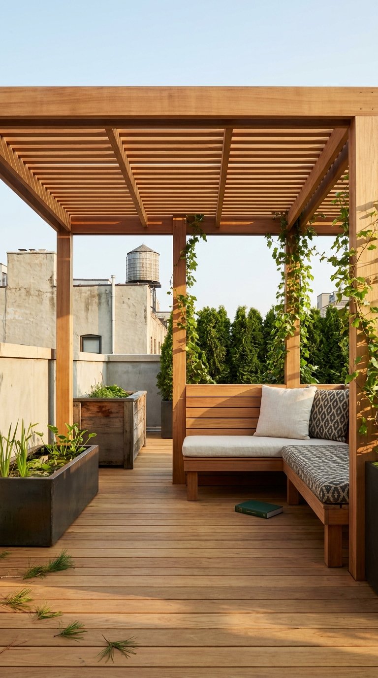 Pergola en bois sur un toit-terrasse avec banquette intégrée et jardinières