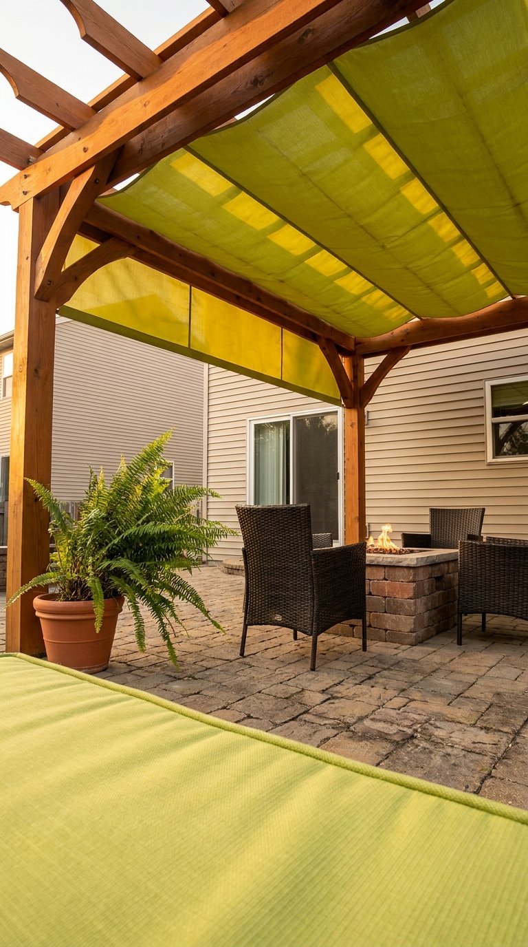 Pergola en bois équipée de toiles vertes au-dessus d’un coin repas