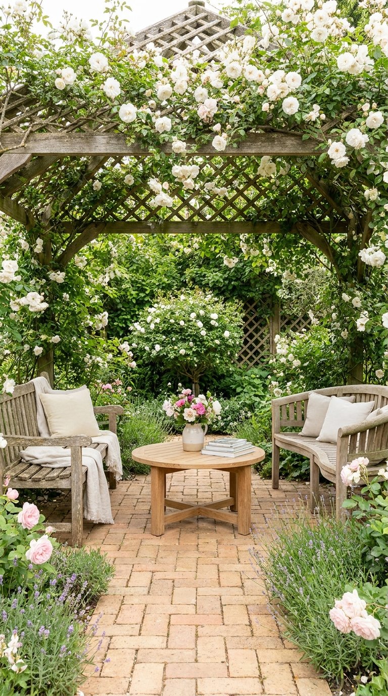 Pergola en bois couverte de rosiers blancs avec bancs de jardin