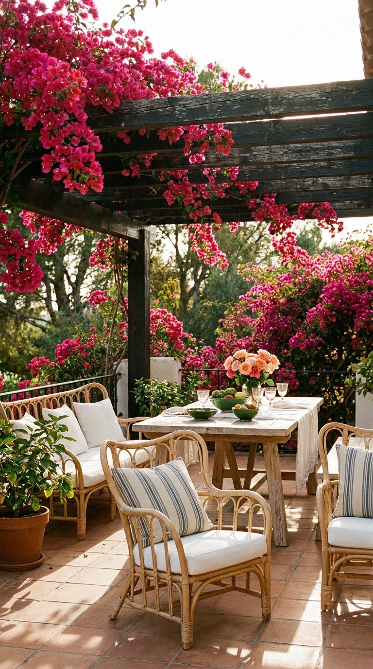 Terrasse sous une pergola sombre couverte de bougainvilliers roses