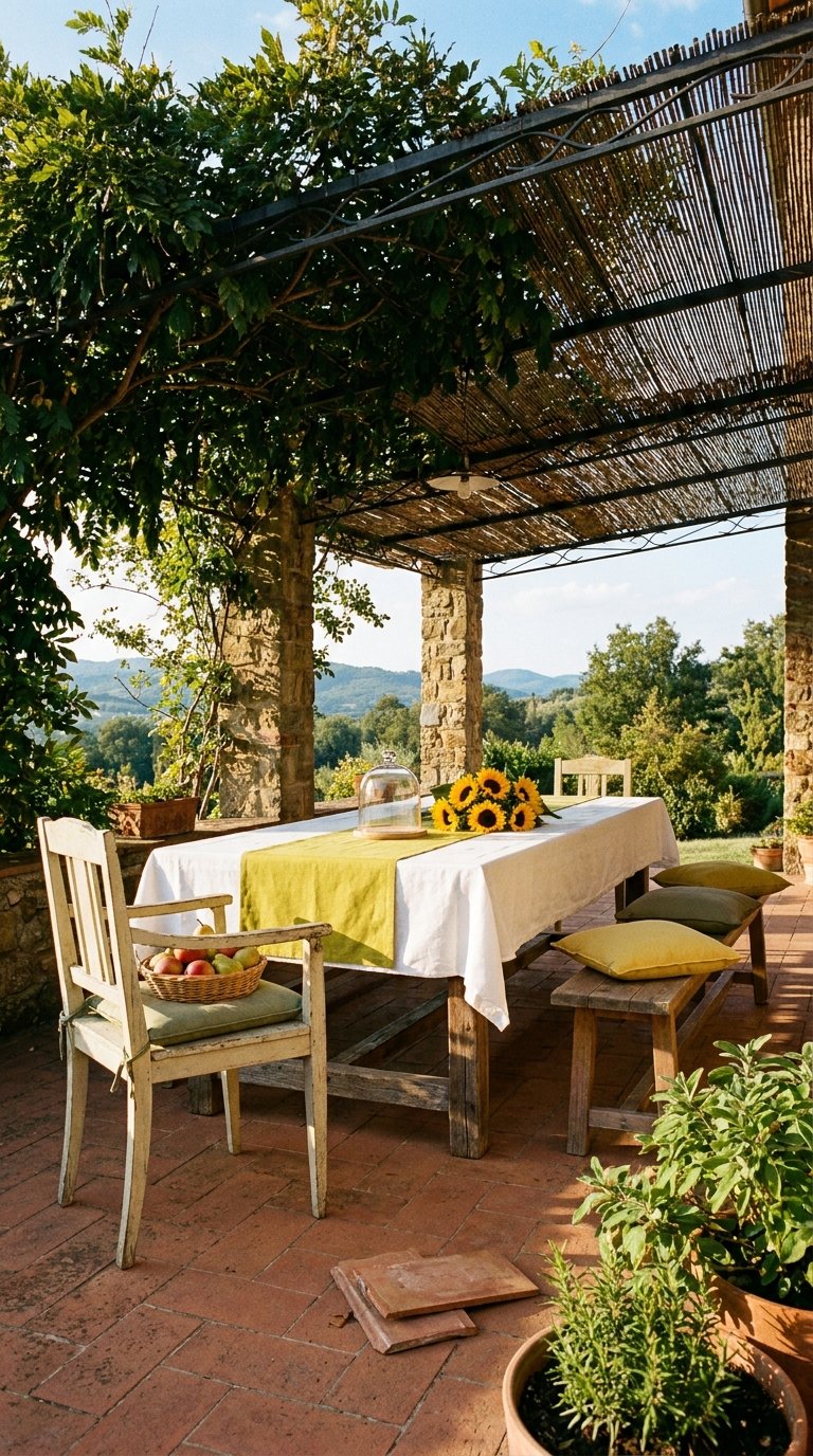 Coin repas rustique sous une pergola en métal couverte de canisses