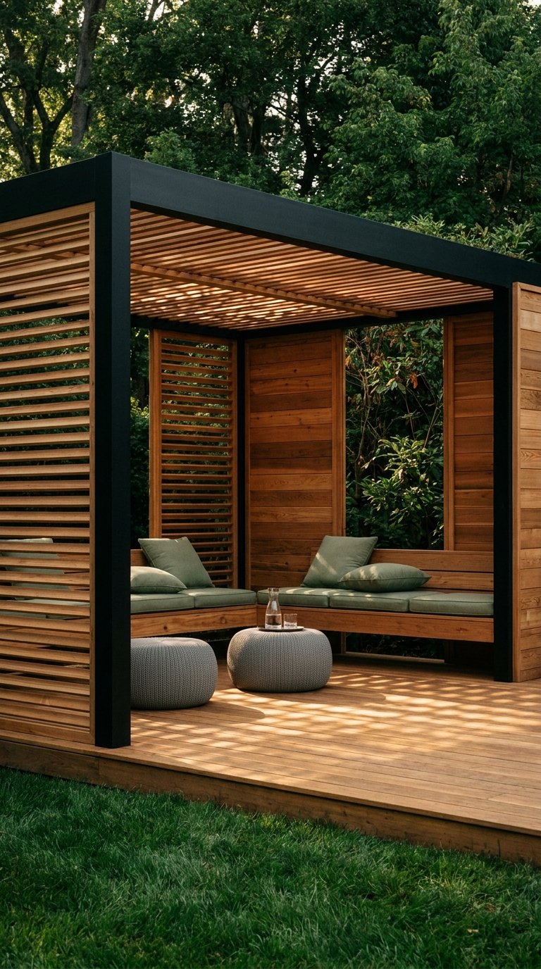 Pergola noire et bois avec banquettes intégrées dans un jardin