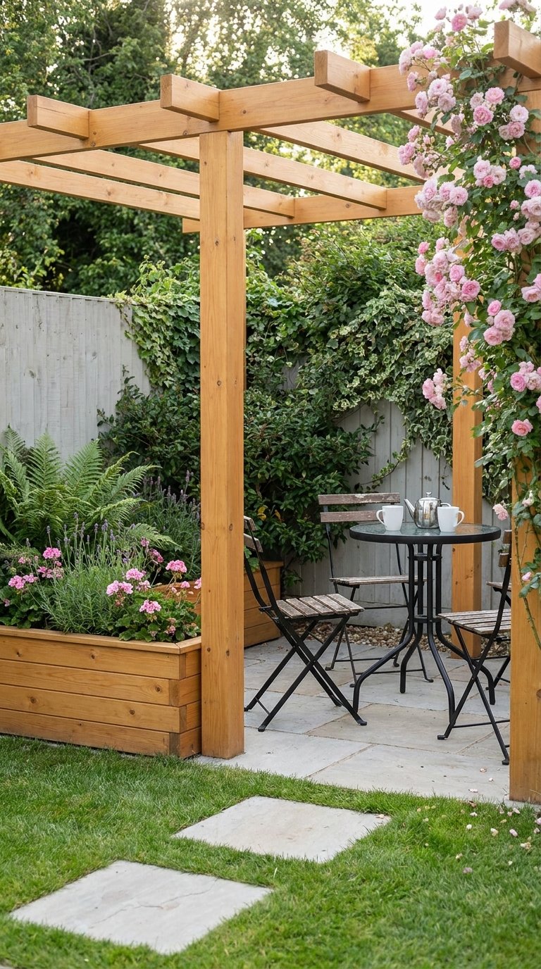 Petite pergola en bois avec table bistrot entourée de fleurs
