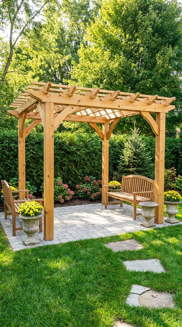 Pergola autoportante en bois clair avec bancs sur une terrasse pavée