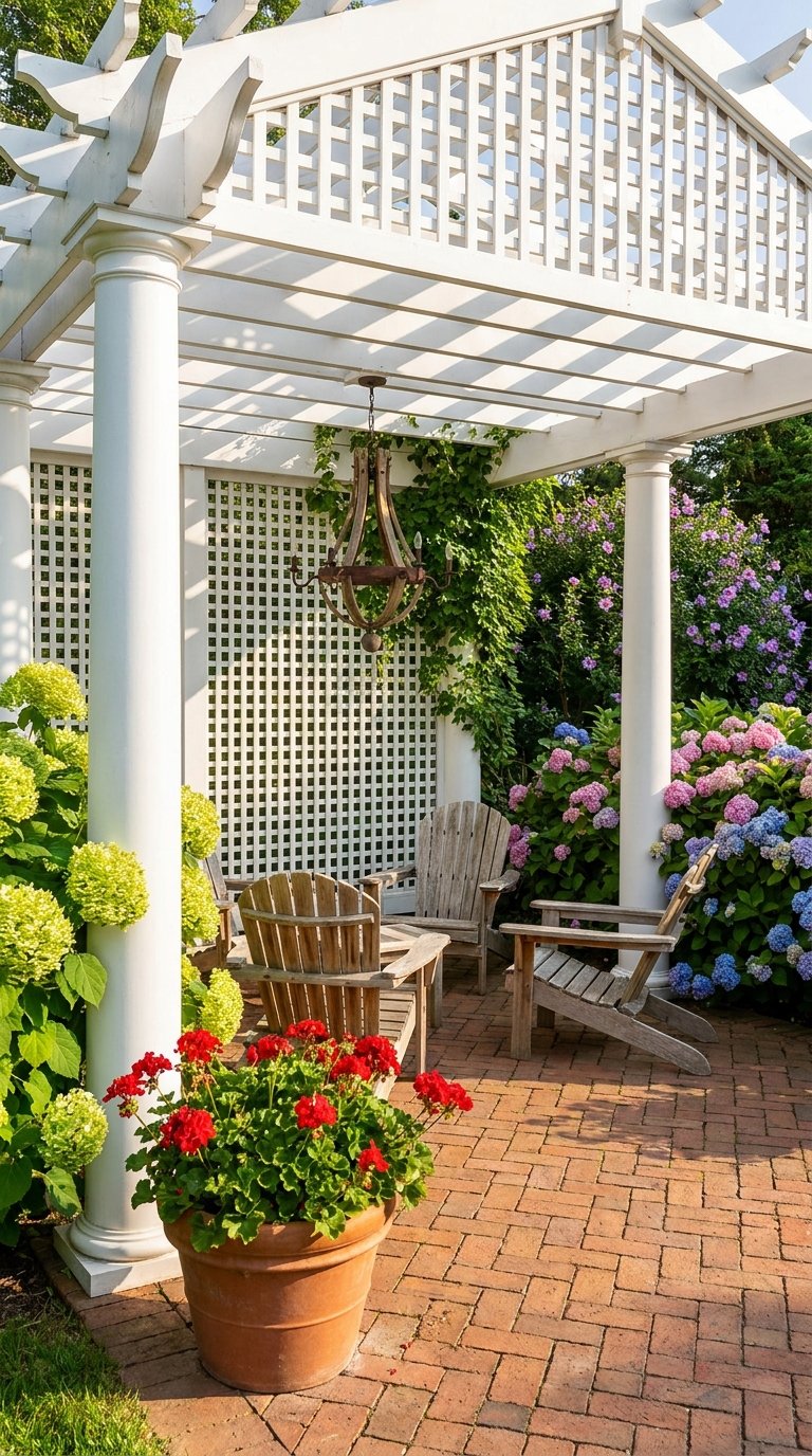 Pergola blanche à colonnes et treillis entourée d’hortensias