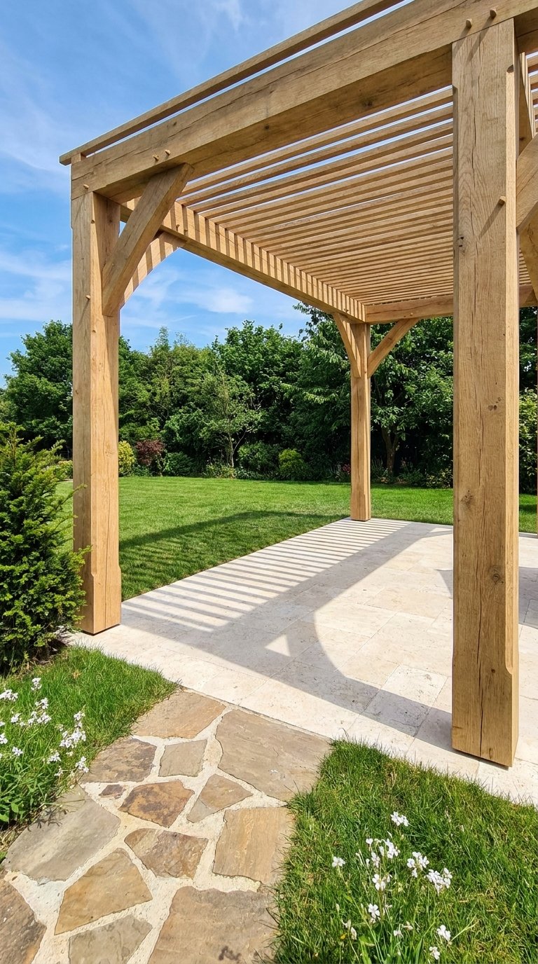 Pergola en bois brut sur une terrasse claire donnant sur la pelouse