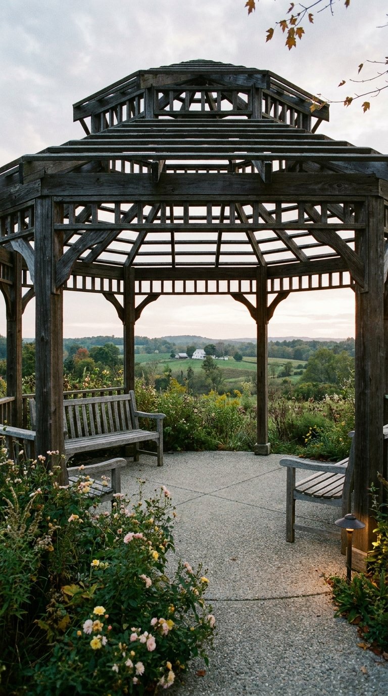 Grand kiosque en bois sombre ouvert sur un paysage de campagne