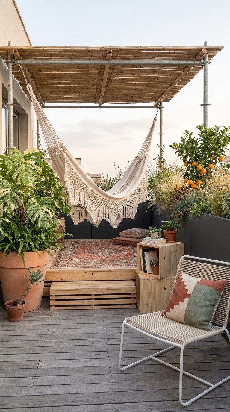 Terrasse végétalisée avec hamac sous une toiture en bambou