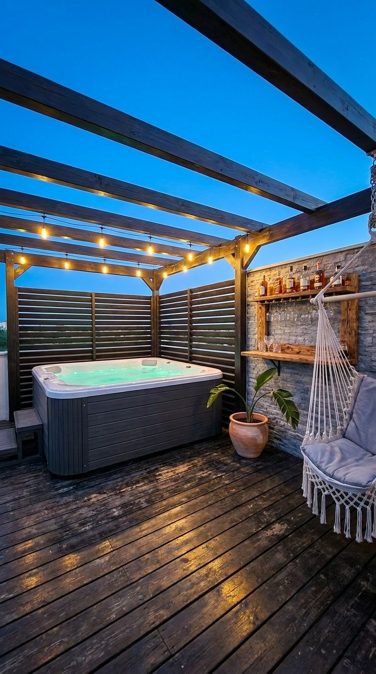 Terrasse nocturne avec pergola en bois, spa, bar mural et fauteuil suspendu