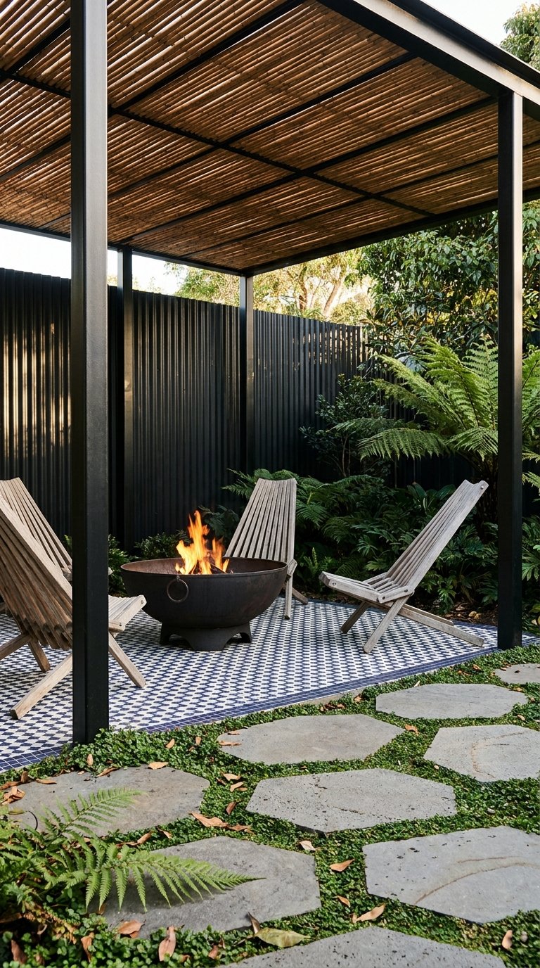 Pergola noire couverte de canisses au-dessus d’un brasero et de chaises en bois