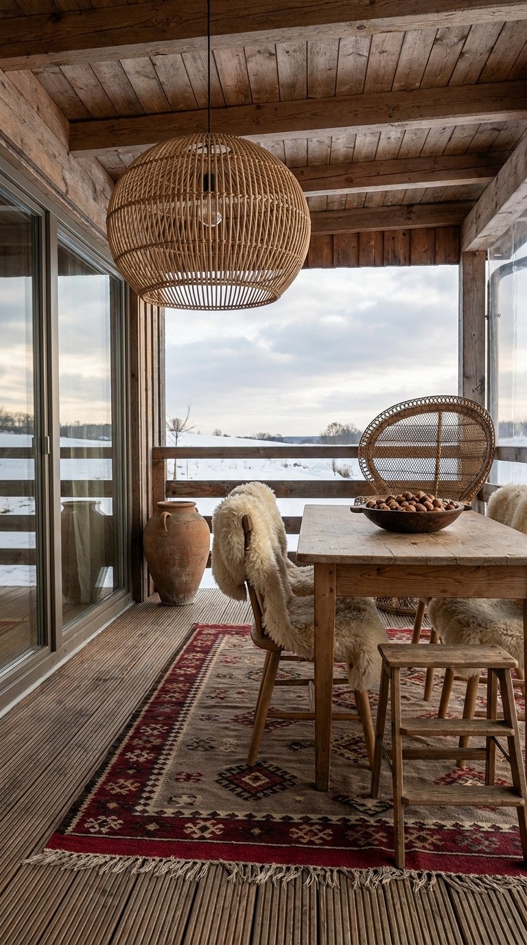 Terrasse couverte en bois avec table rustique, tapis rouge et suspension en rotin