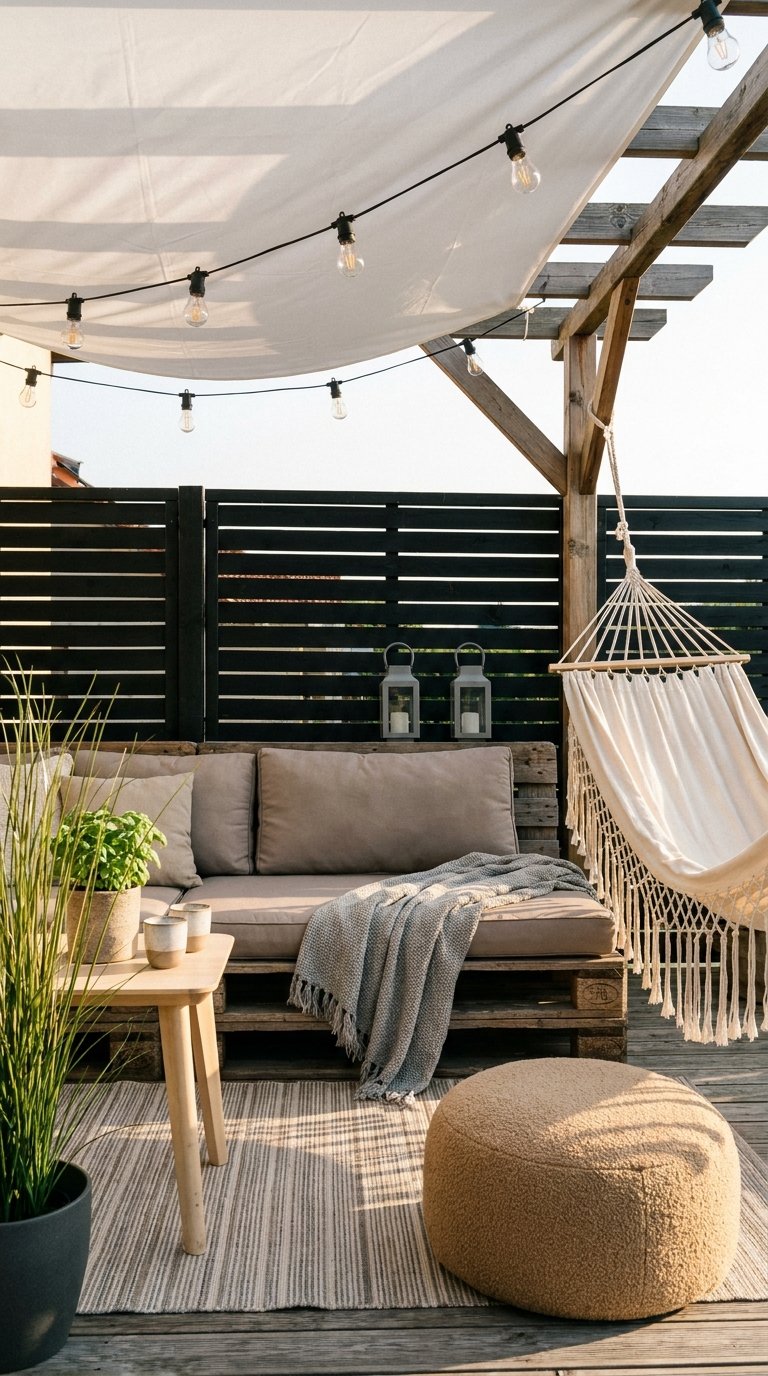 Salon en palettes avec hamac sous une pergola couverte d’une toile blanche