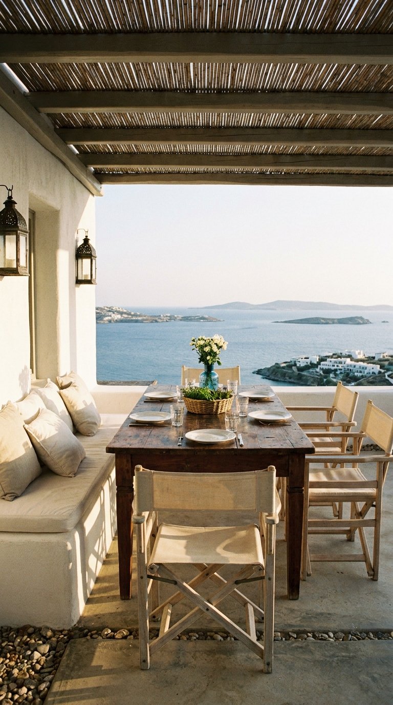 Terrasse méditerranéenne sous des canisses avec table face à la mer