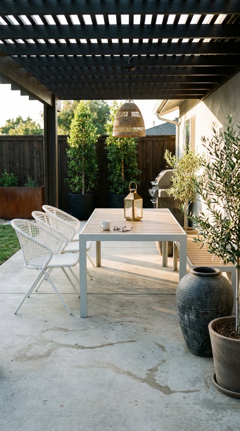 Coin repas sous une pergola noire avec table claire et plantes en pots