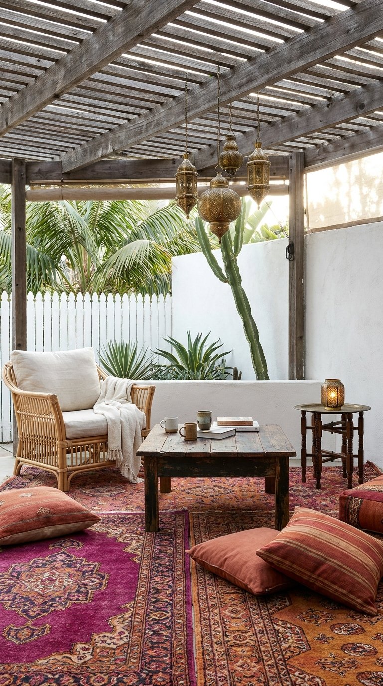 Salon bohème sous une pergola en bois avec tapis colorés et lanternes
