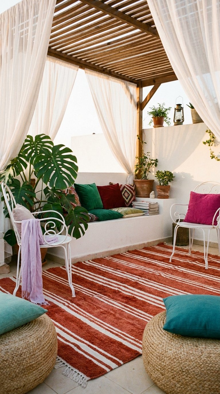 Terrasse blanche sous pergola en bois avec rideaux, coussins colorés et tapis rayé