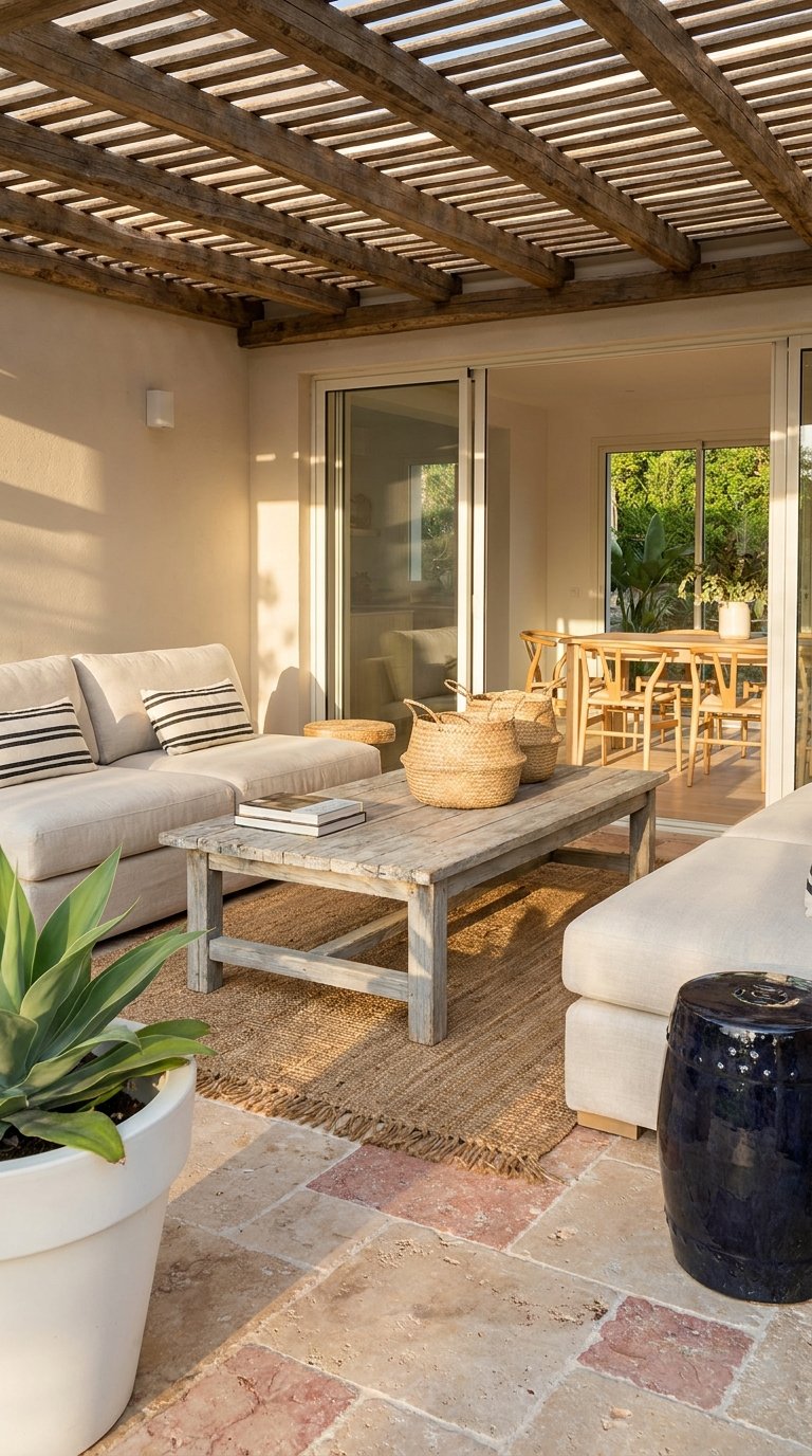 Salon extérieur beige sous une pergola en bois adossée à la maison