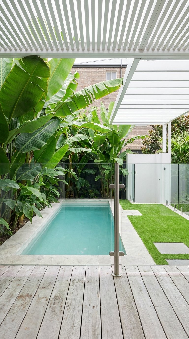 Petite piscine rectangulaire bordée de bananiers sous une pergola blanche