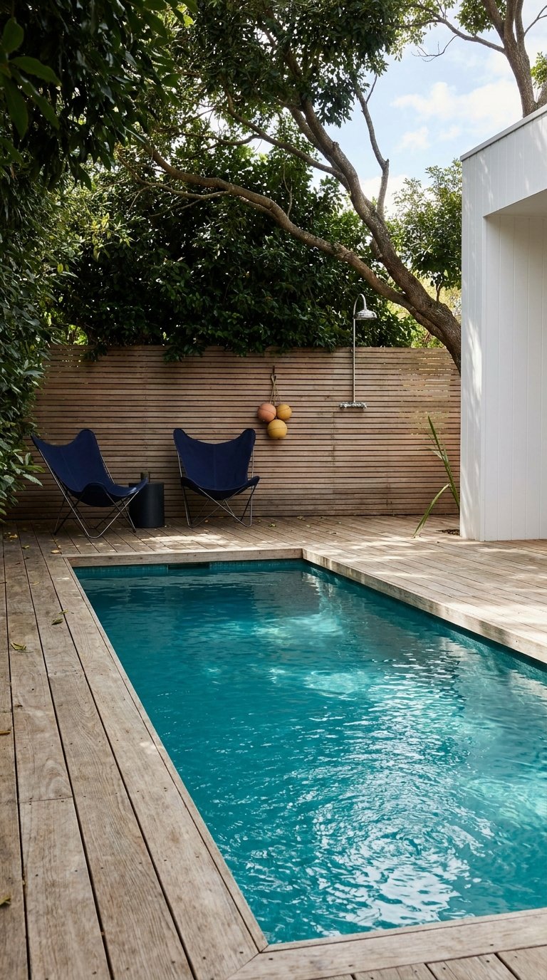 Piscine rectangulaire entourée d’une terrasse en bois et de deux fauteuils bleus