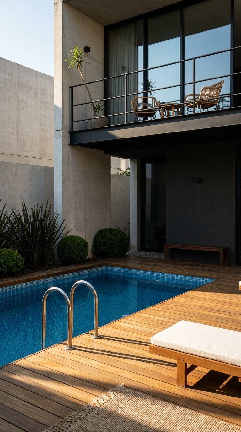 Petite piscine bleue au pied d’une maison contemporaine en béton