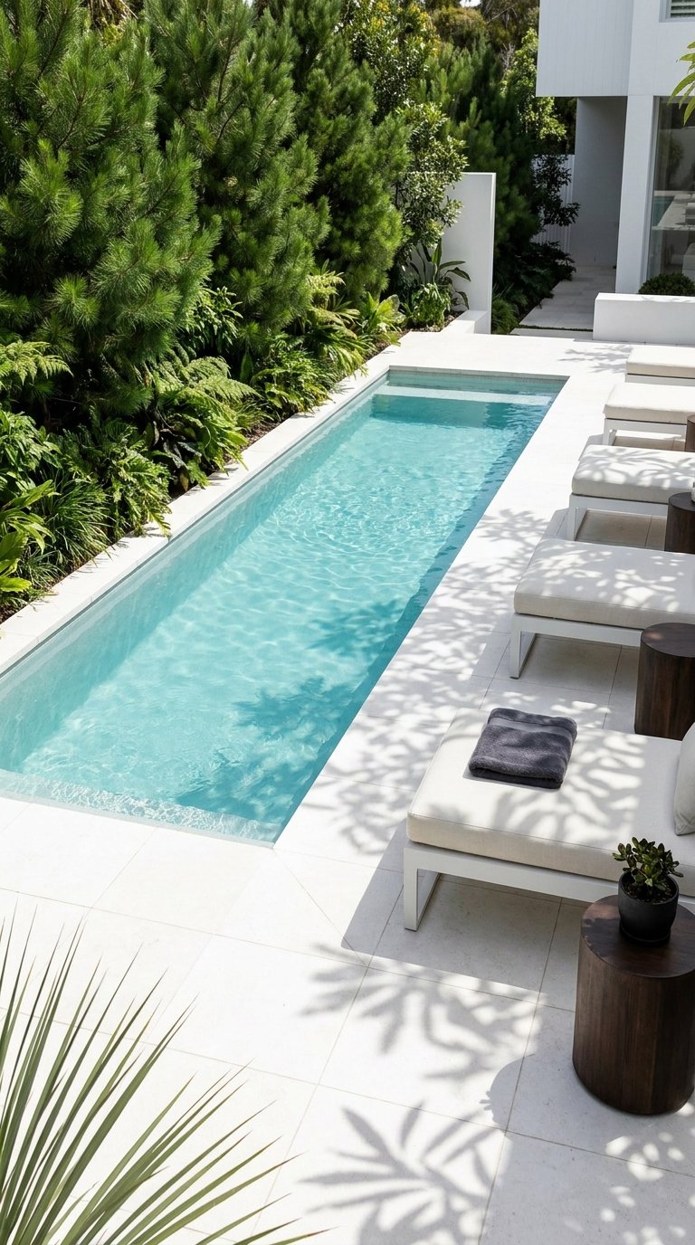 Piscine étroite avec plage blanche, transats et massif de fougères