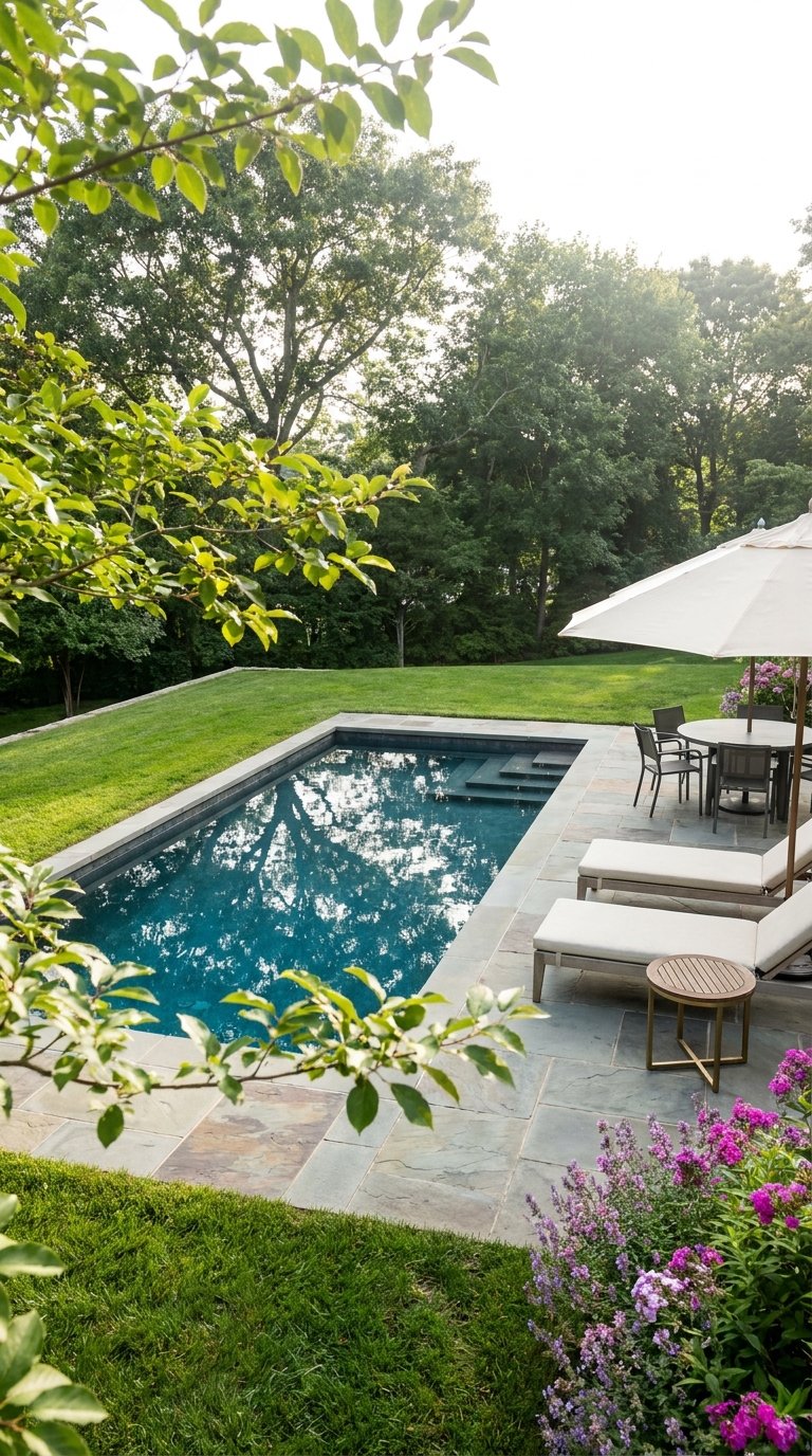 Piscine rectangulaire avec terrasse en pierre, transats blancs et parasol