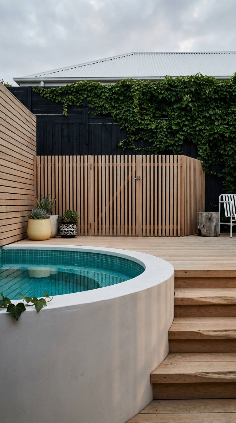 Petit bassin arrondi surélevé intégré à une terrasse en bois