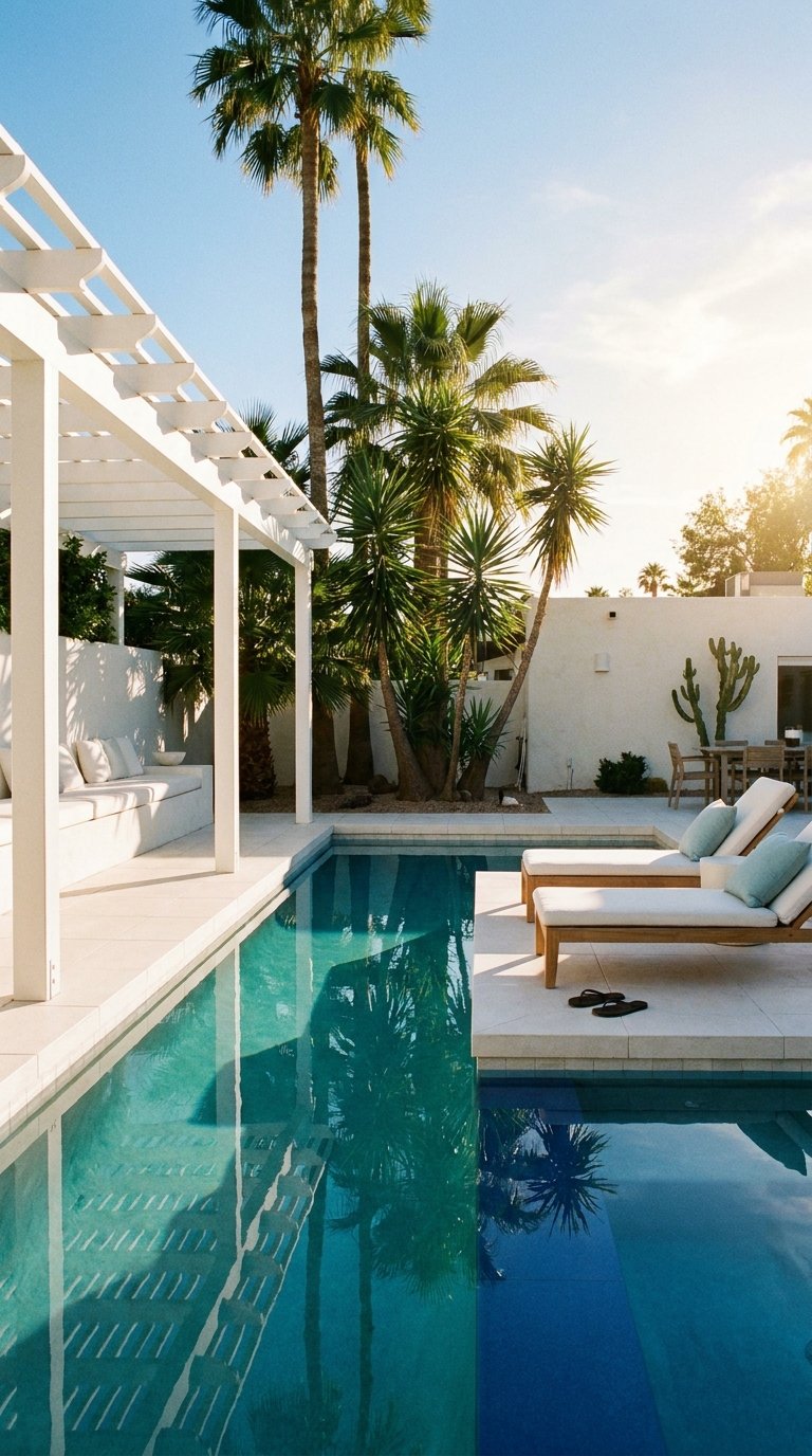 Piscine contemporaine bordée d’une pergola blanche et de palmiers