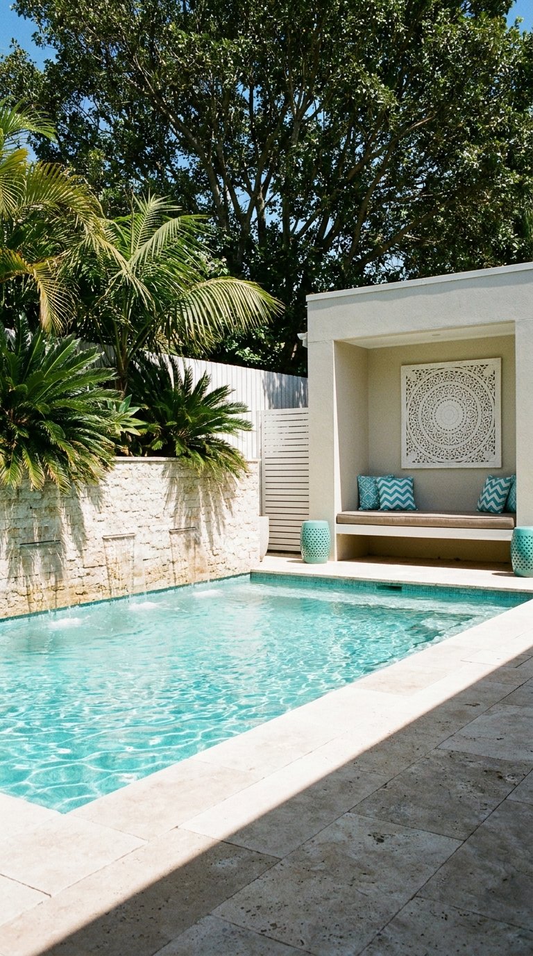 Petite piscine turquoise avec cascade murale et banquette extérieure